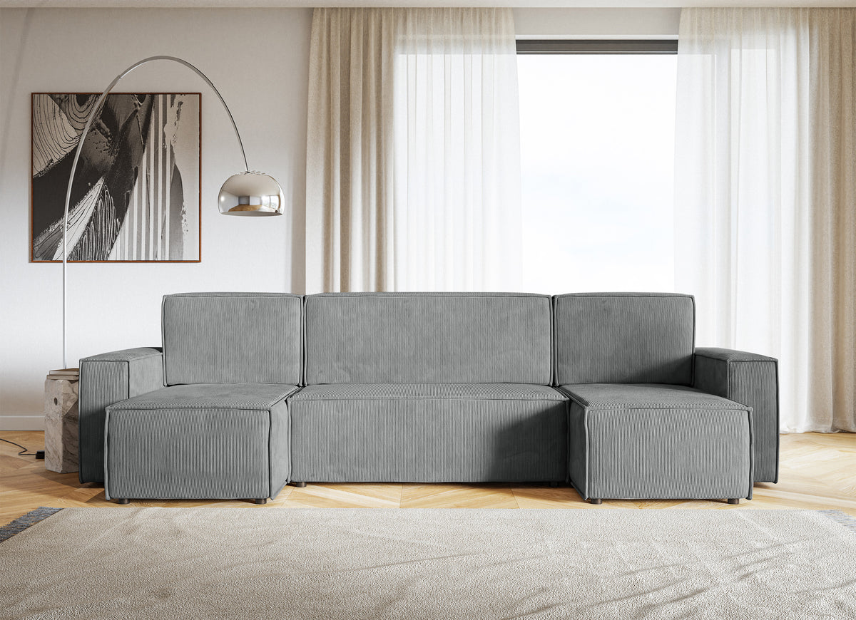 Canapé d’angle convertible Copertino en U avec coffre, universel, velours côtelé gris clair