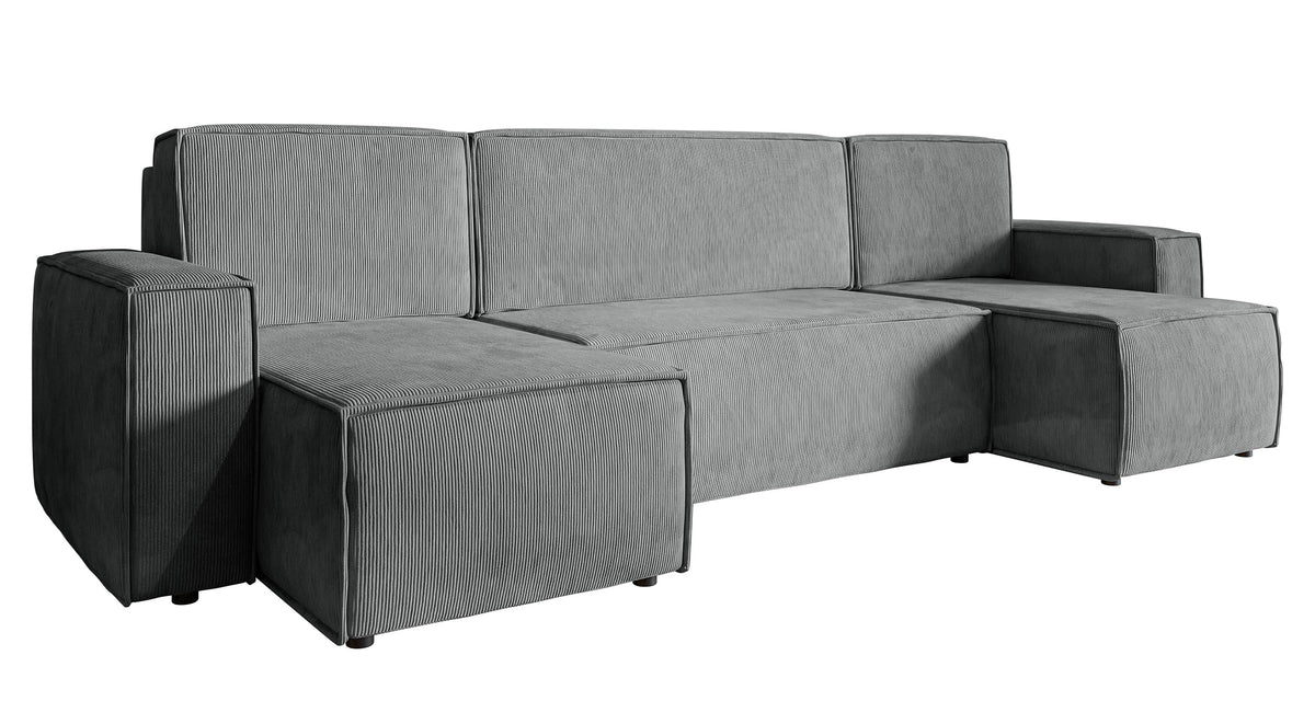 Canapé d’angle convertible Copertino en U avec coffre, universel, velours côtelé gris clair