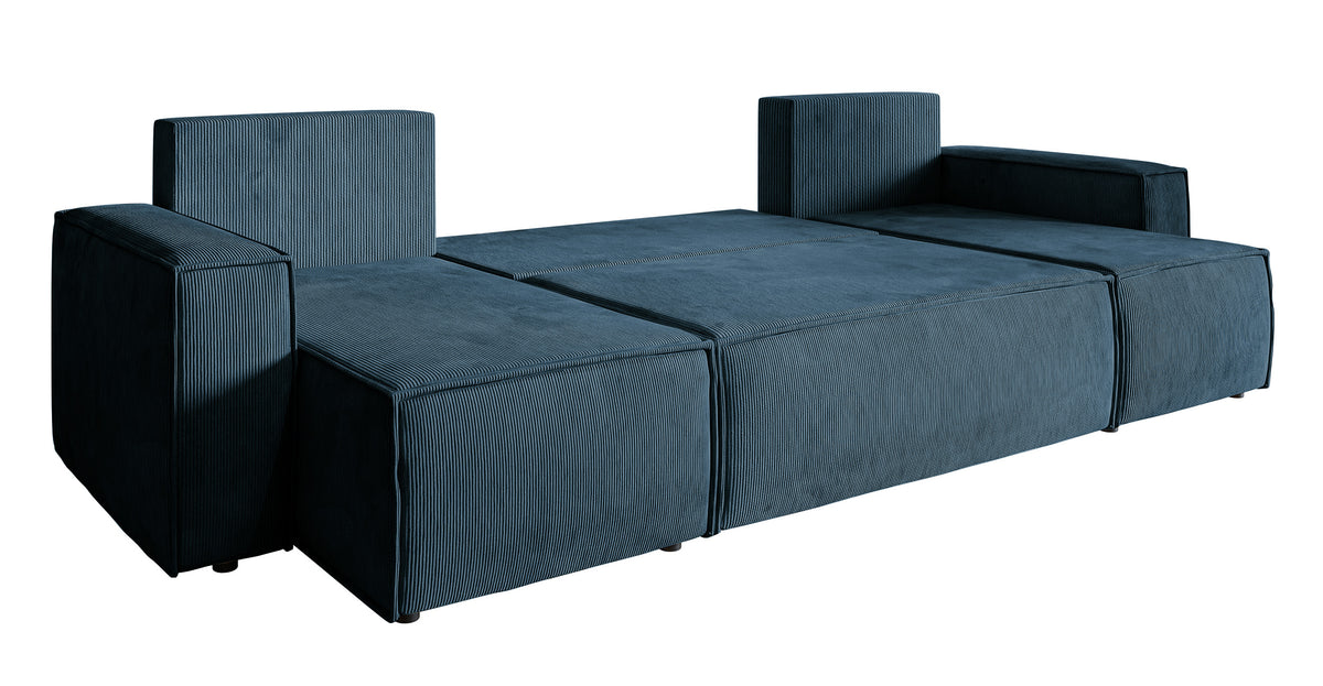 Canapé d'angle convertible Copertino en U avec coffre de rangement, universel, velours côtelé bleu marine
