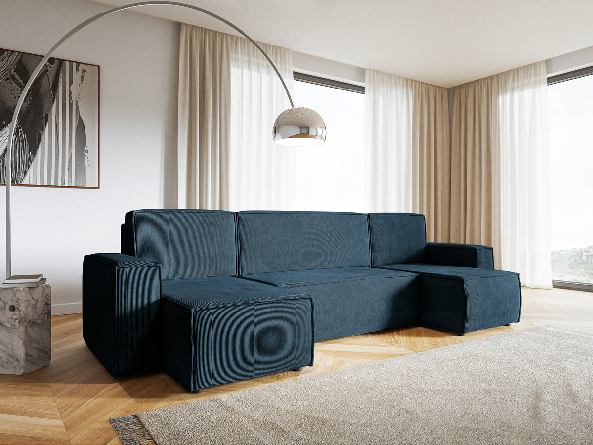 Canapé d'angle convertible Copertino en U avec coffre de rangement, universel, velours côtelé bleu marine