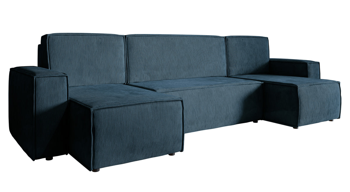 Canapé d'angle convertible Copertino en U avec coffre de rangement, universel, velours côtelé bleu marine