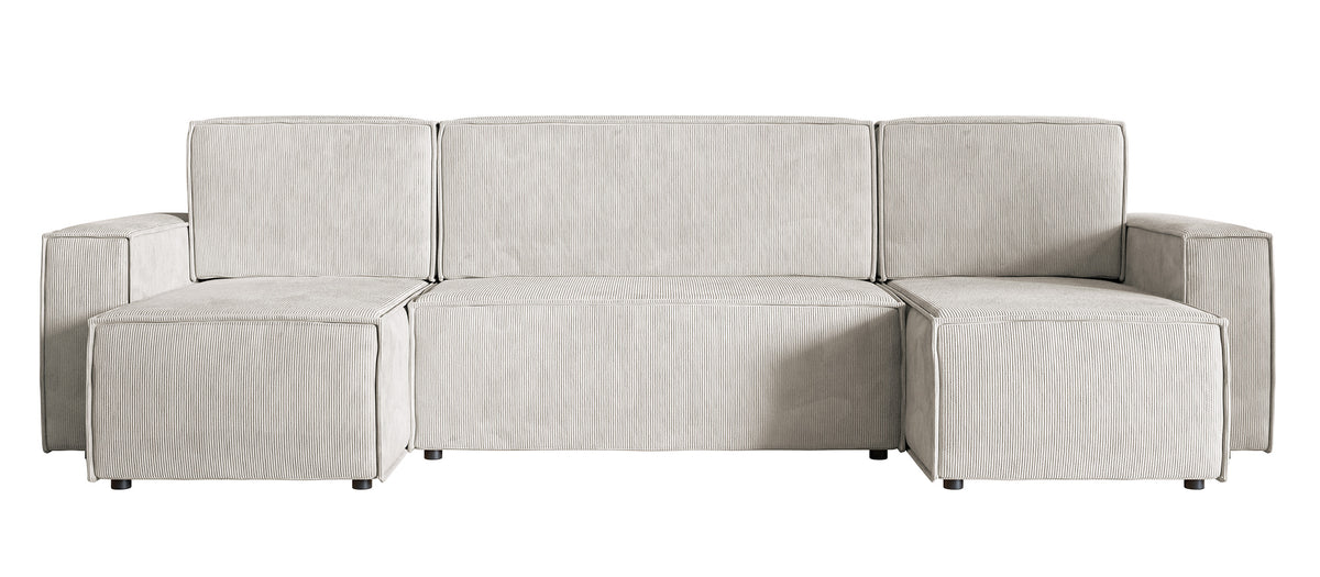 Ecksofa mit Schlaffunktion Copertino U-förmig mit Stauraum, universell, sandfarbener Cordstoff