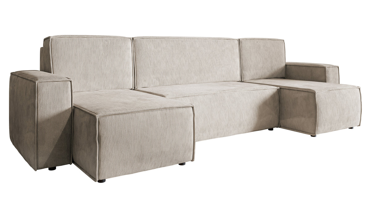 U-förmige Eckcouch Copertino mit Schlafunktion und Stauraum, universell beige Cordstoff