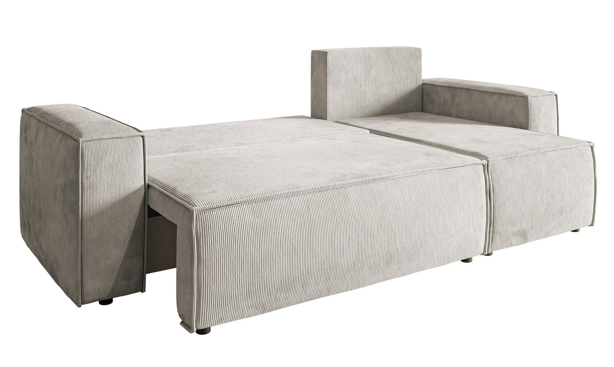 Canapé d'angle convertible Copertino en L avec coffre de rangement, velours côtelé sable universel