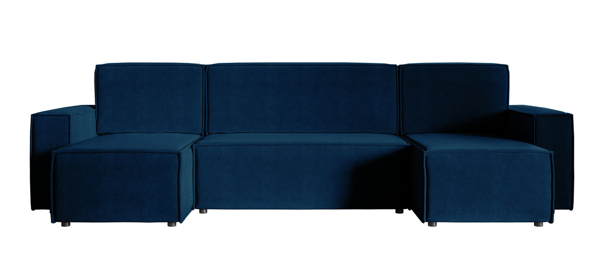 Canapé d'angle convertible Copertino en U avec coffre de rangement, universel, velours hydrofuge bleu marine