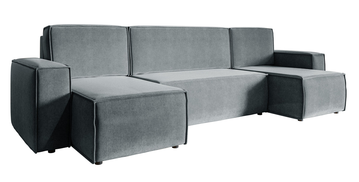 Canapé d'angle convertible Copertino en U avec coffre, universel, velours hydrofuge gris