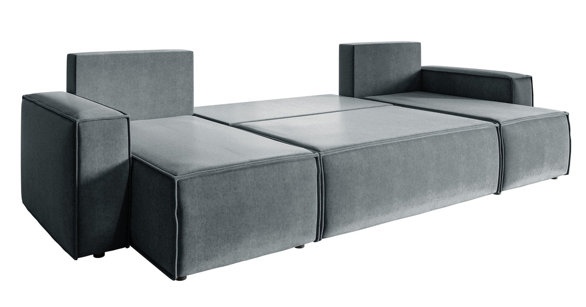 Canapé d'angle convertible Copertino en U avec coffre, universel, velours hydrofuge gris