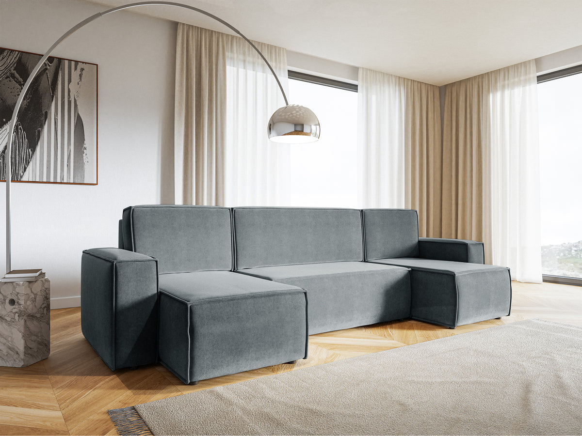 Canapé d'angle convertible Copertino en U avec coffre, universel, velours hydrofuge gris