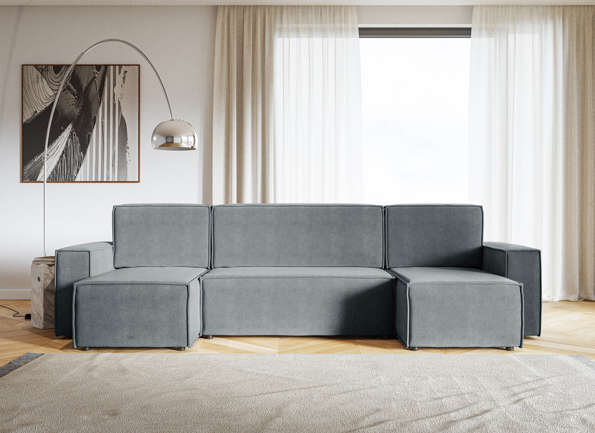 Canapé d'angle convertible Copertino en U avec coffre, universel, velours hydrofuge gris