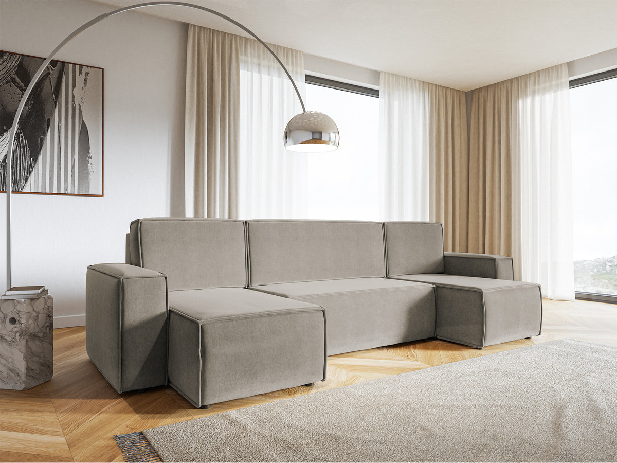 Ecksofa mit Schlaffunktion Copertino U-förmig mit Stauraum, universell, grau-beiger hydrophober Samtstoff