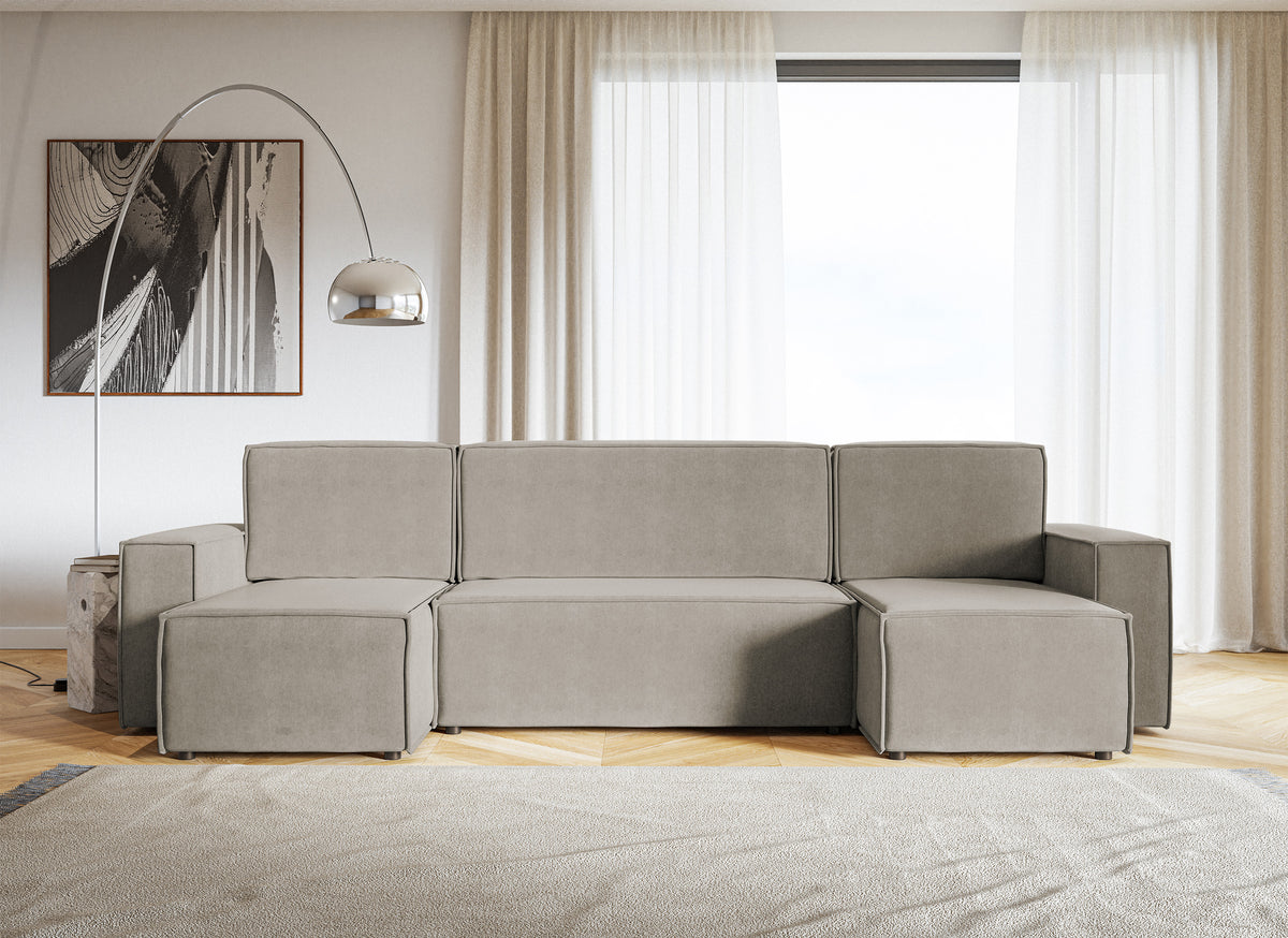Ecksofa mit Schlaffunktion Copertino U-förmig mit Stauraum, universell, grau-beiger hydrophober Samtstoff