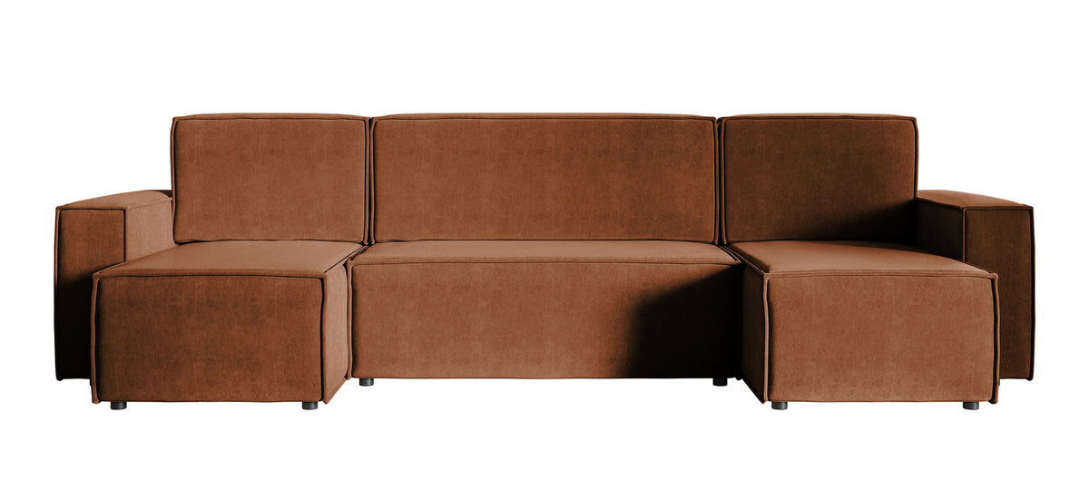 Canapé d'angle convertible Copertino en U avec coffre, universel, velours hydrofuge cuivre