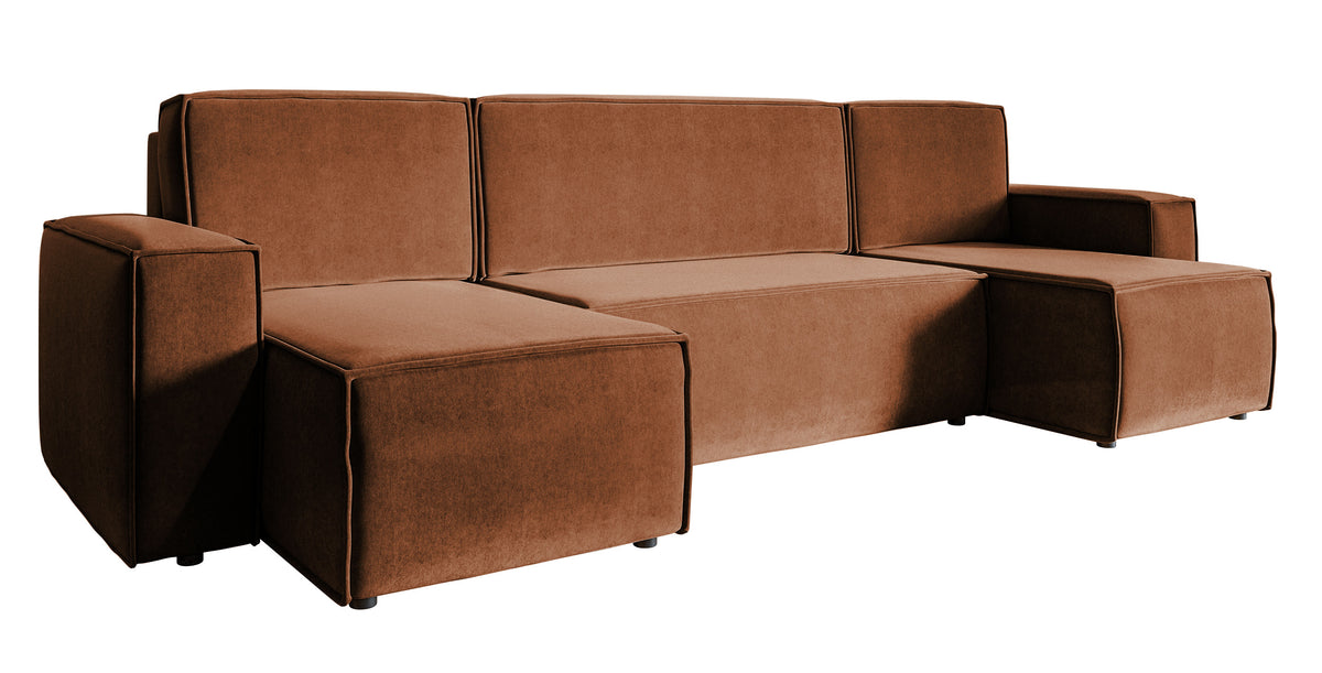 Canapé d'angle convertible Copertino en U avec coffre, universel, velours hydrofuge cuivre