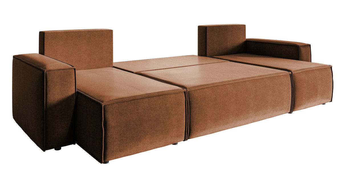 Canapé d'angle convertible Copertino en U avec coffre, universel, velours hydrofuge cuivre