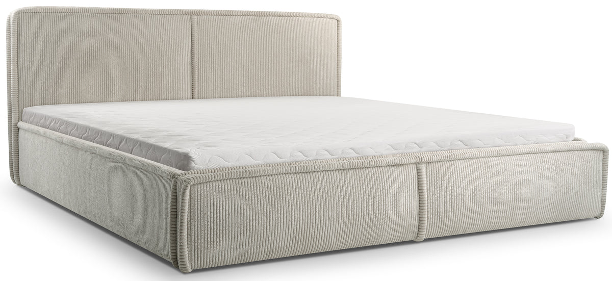 Lit tapissé 140x200 cm Cordo avec rangement, sommier en bois, velours côtelé beige clair