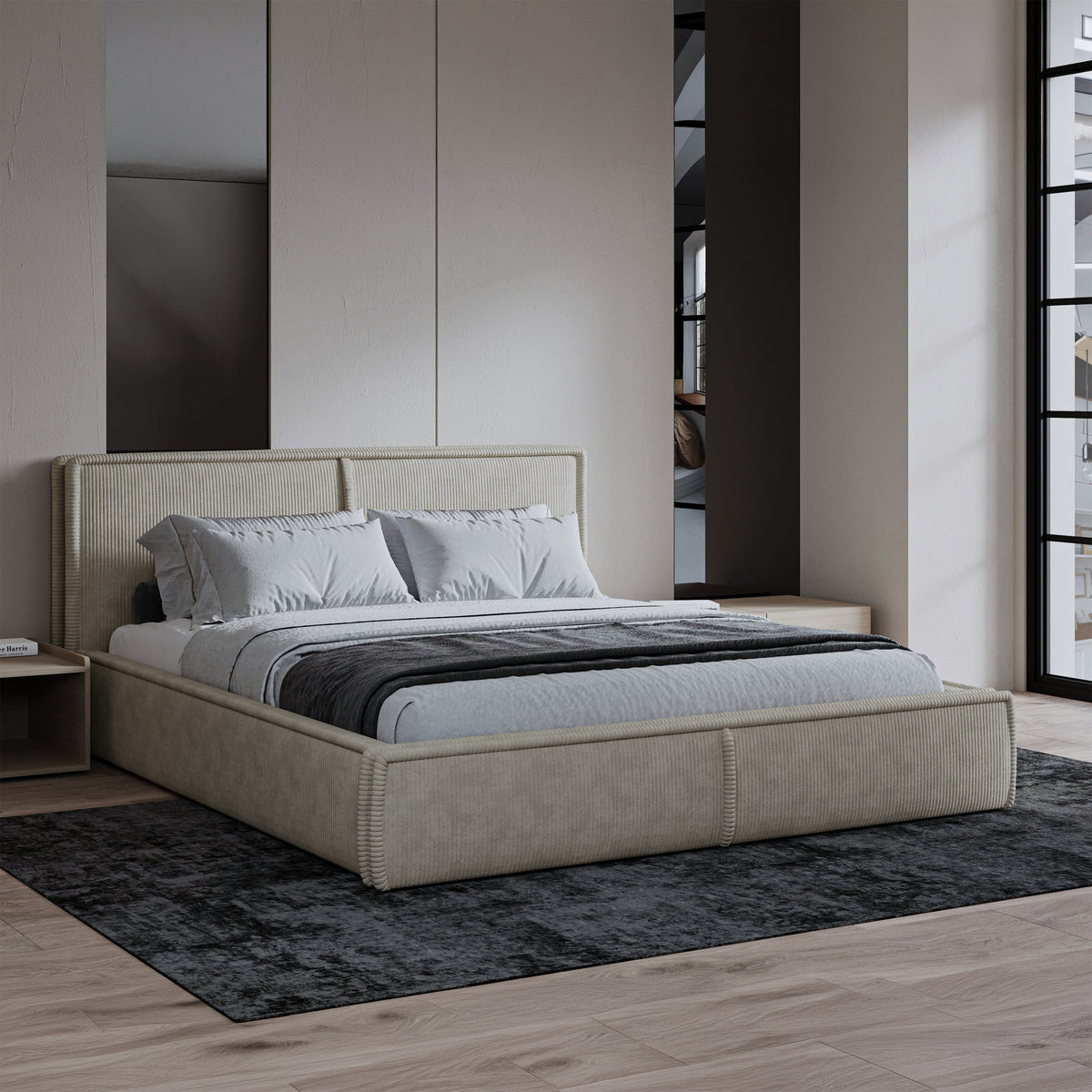 Lit tapissé 140x200 cm Cordo avec rangement, sommier en bois, velours côtelé beige clair