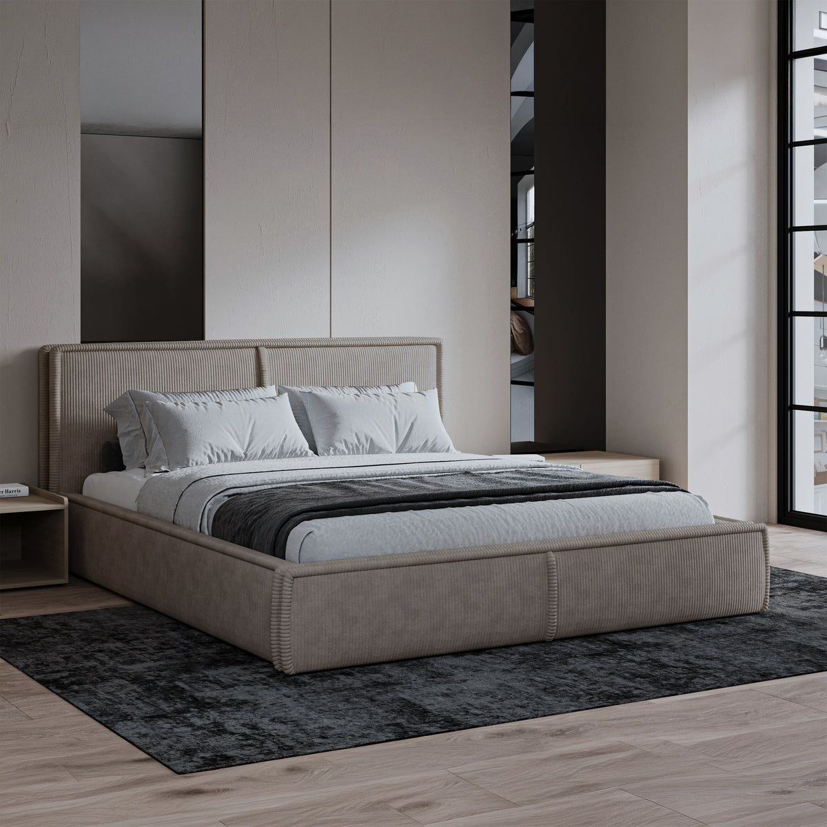 Polsterbett 180x200 cm Cordo mit Stauraum, Holzlattenrost, beige Cordstoff