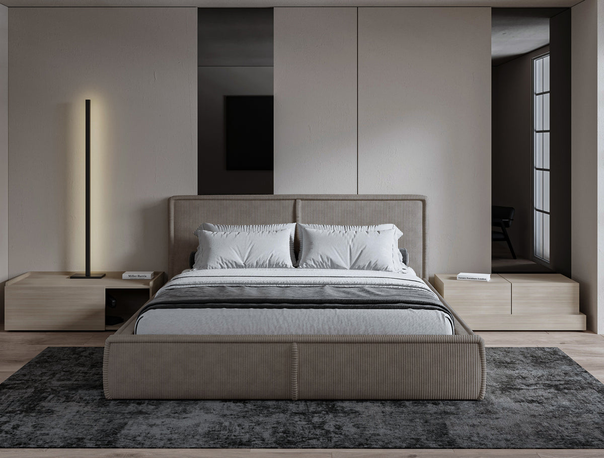 Polsterbett 180x200 cm Cordo mit Stauraum, Holzlattenrost, beige Cordstoff