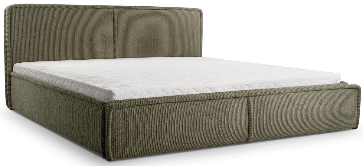 Gepolstertes Bett 160x200 cm Cordo mit Stauraum, Holzlattenrost, olivgrüner Cordstoff