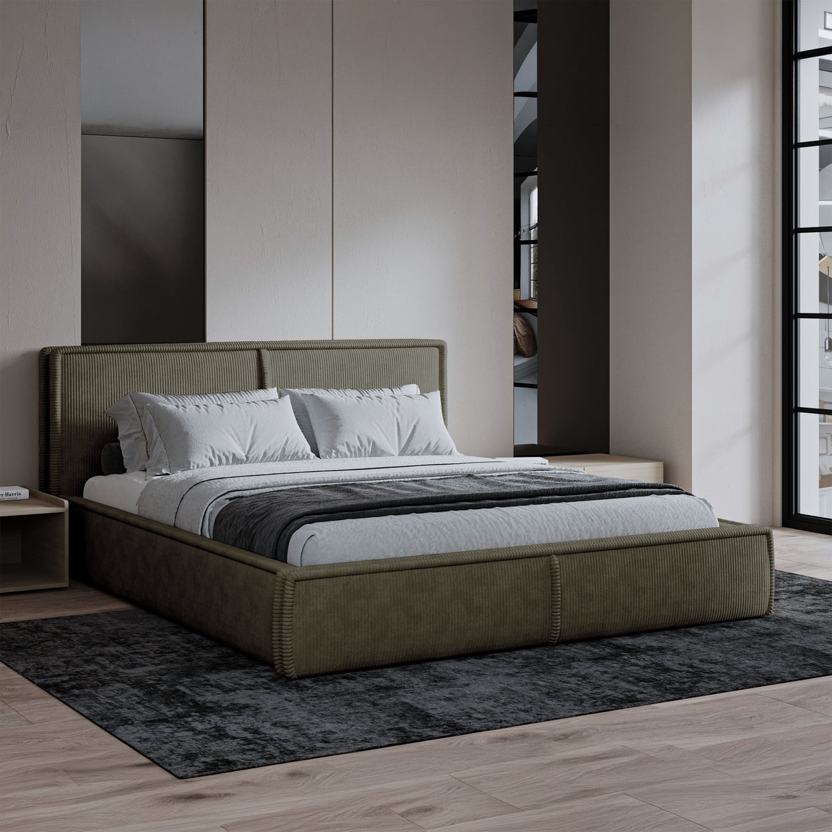 Gepolstertes Bett 160x200 cm Cordo mit Stauraum, Holzlattenrost, olivgrüner Cordstoff