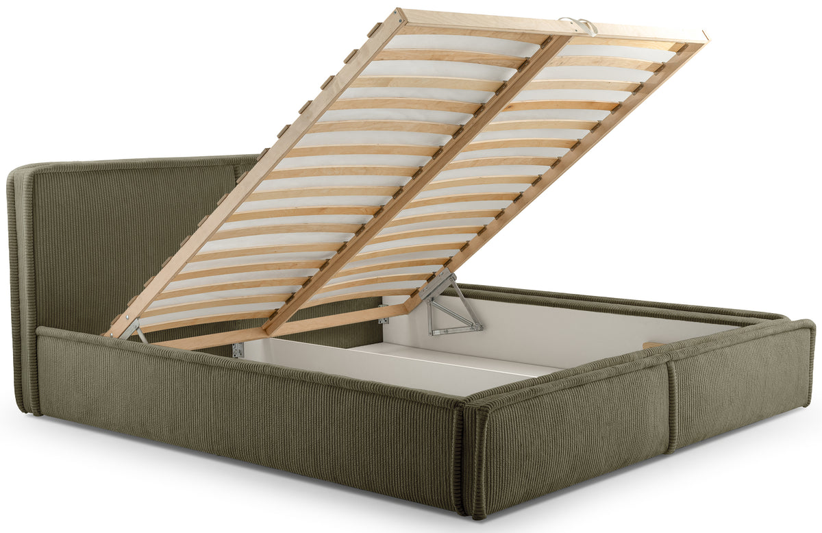 Gepolstertes Bett 160x200 cm Cordo mit Stauraum, Holzlattenrost, olivgrüner Cordstoff
