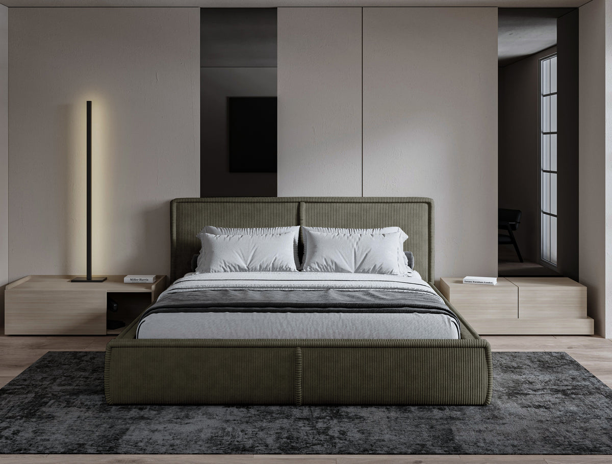 Gepolstertes Bett 160x200 cm Cordo mit Stauraum, Holzlattenrost, olivgrüner Cordstoff