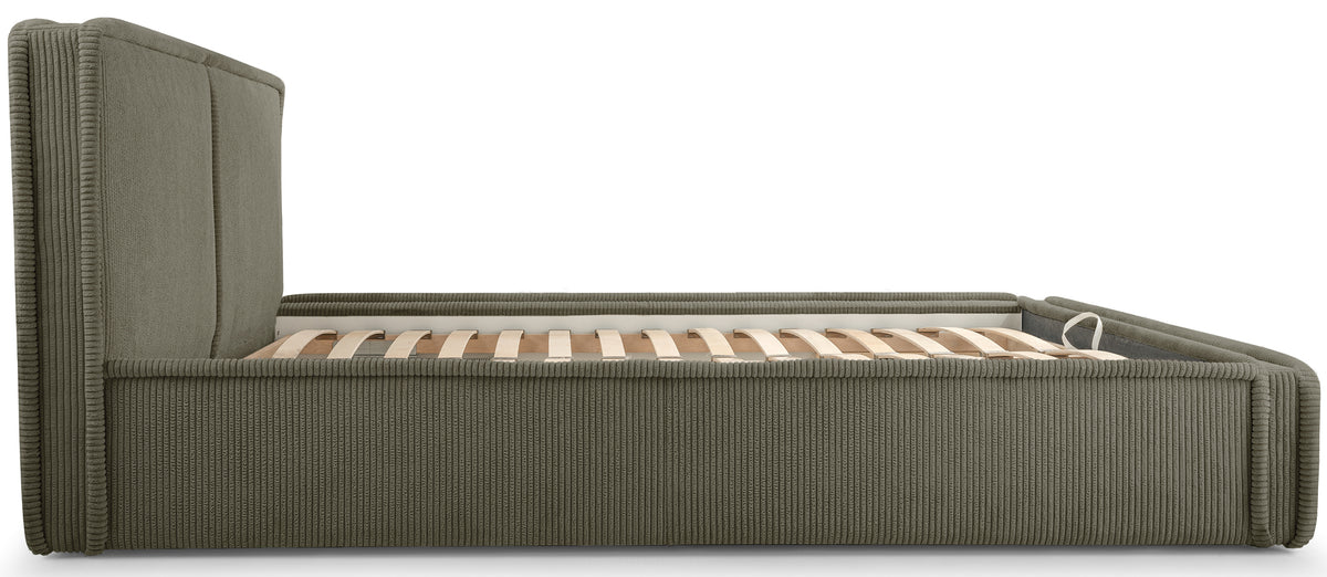 Gepolstertes Bett 160x200 cm Cordo mit Stauraum, Holzlattenrost, olivgrüner Cordstoff