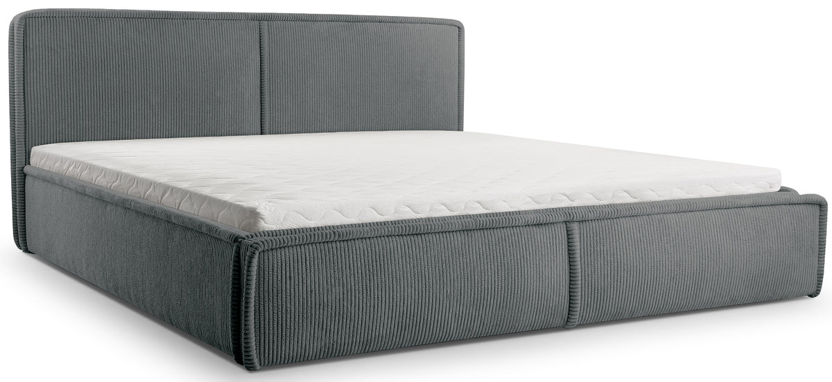 Lit tapissé 180x200 cm Cordo avec rangement, cadre en bois, velours côtelé gris