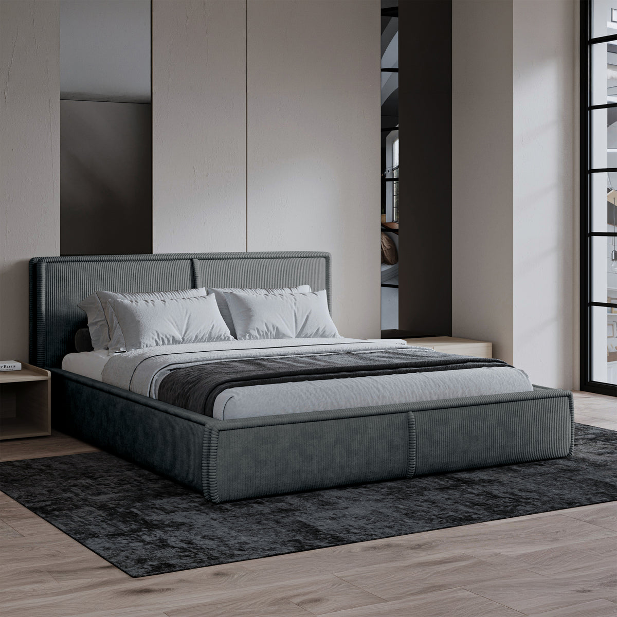 Lit tapissé 180x200 cm Cordo avec rangement, cadre en bois, velours côtelé gris