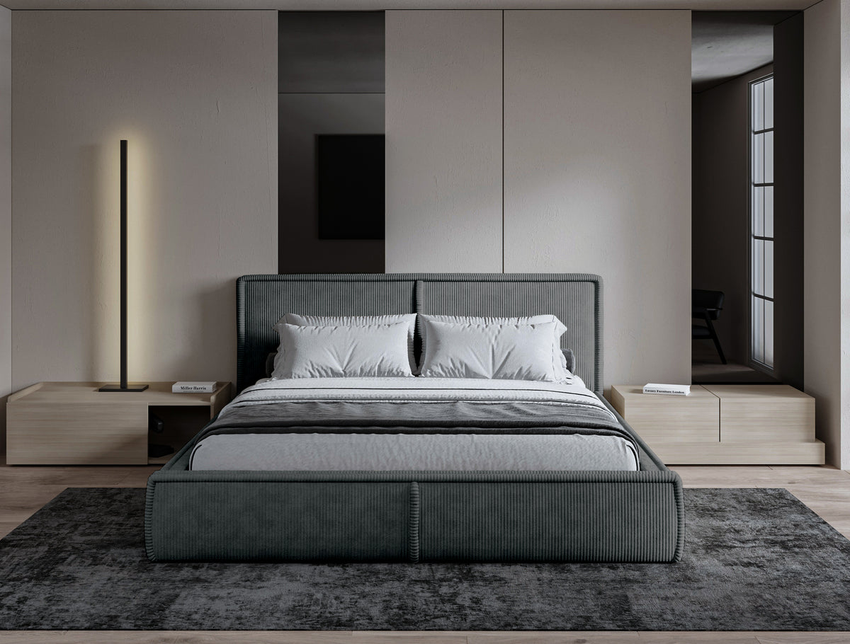 Lit tapissé 180x200 cm Cordo avec rangement, cadre en bois, velours côtelé gris