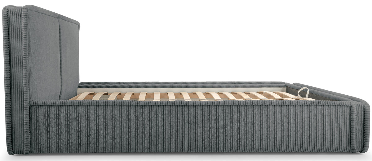 Lit tapissé 180x200 cm Cordo avec rangement, cadre en bois, velours côtelé gris