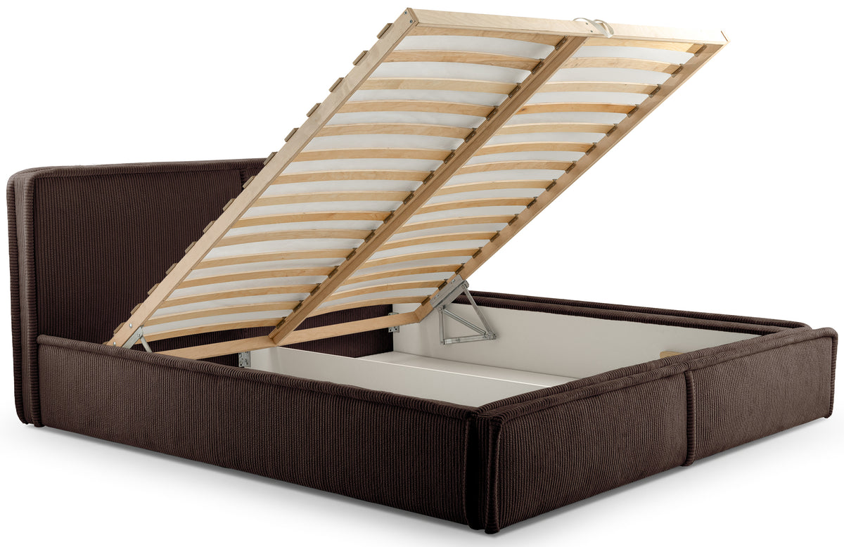 Polsterbett 180x200 cm Cordo mit Stauraum, Lattenrost aus Holz, dunkelbrauner Cordstoff