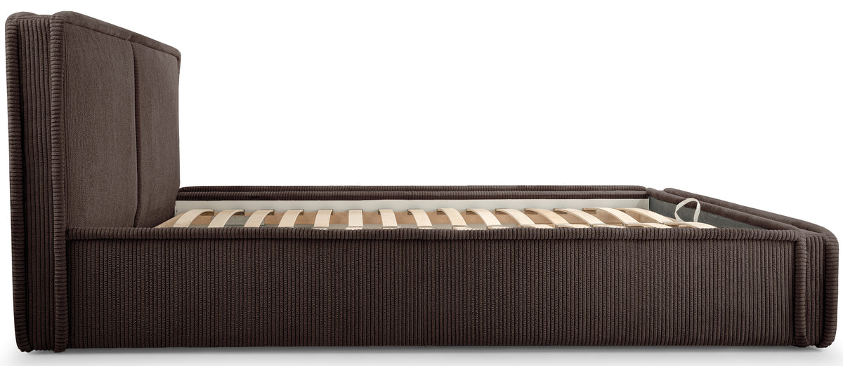 Polsterbett 180x200 cm Cordo mit Stauraum, Lattenrost aus Holz, dunkelbrauner Cordstoff
