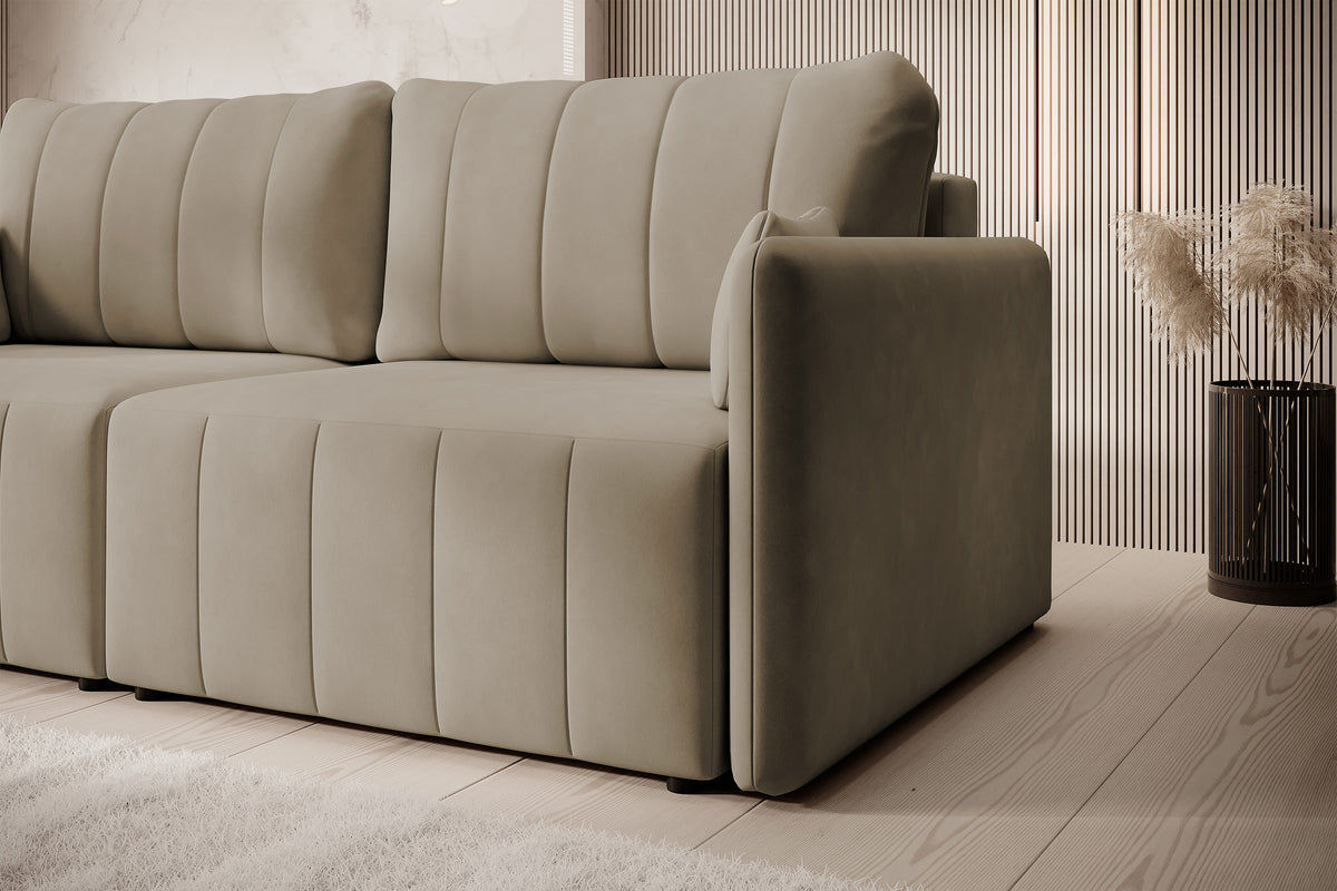 Canapé d'angle convertible Pierra avec coffre, velours beige hydrofuge