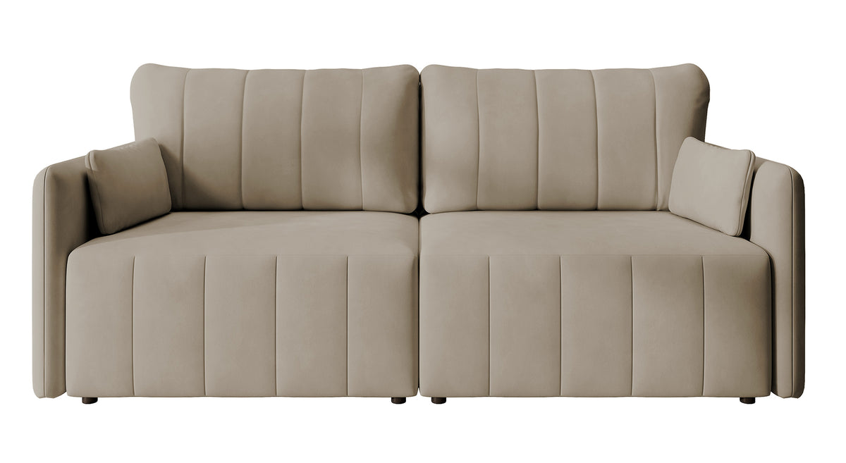 Canapé d'angle convertible Pierra avec coffre, velours beige hydrofuge