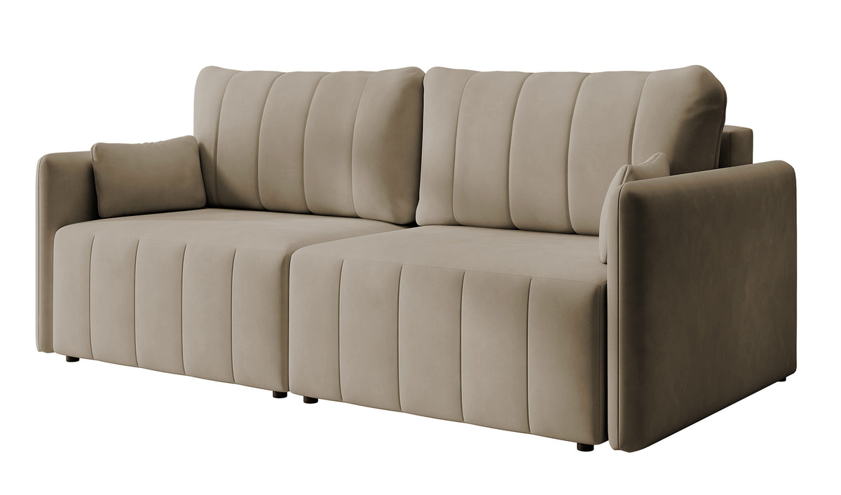 Canapé d'angle convertible Pierra avec coffre, velours beige hydrofuge