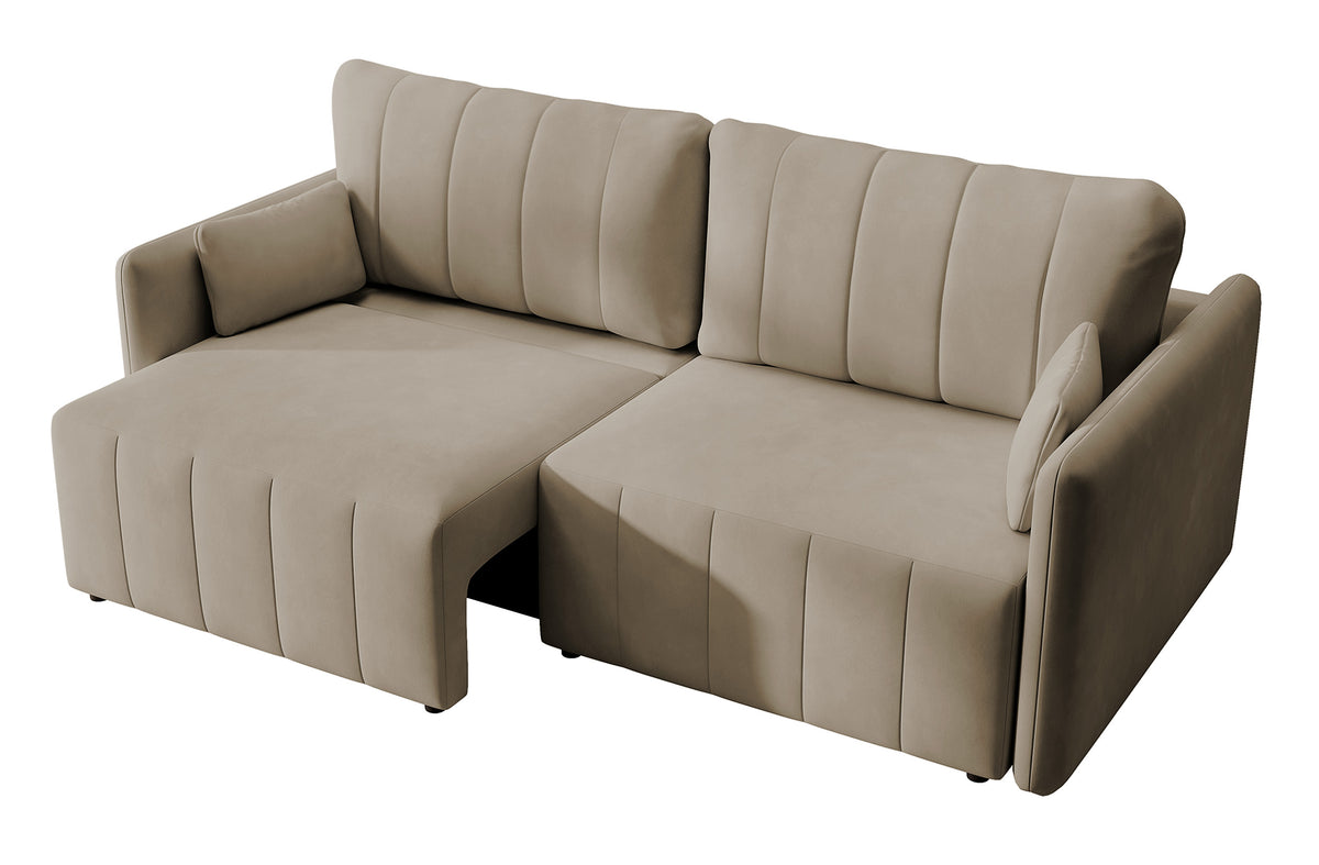 Canapé d'angle convertible Pierra avec coffre, velours beige hydrofuge