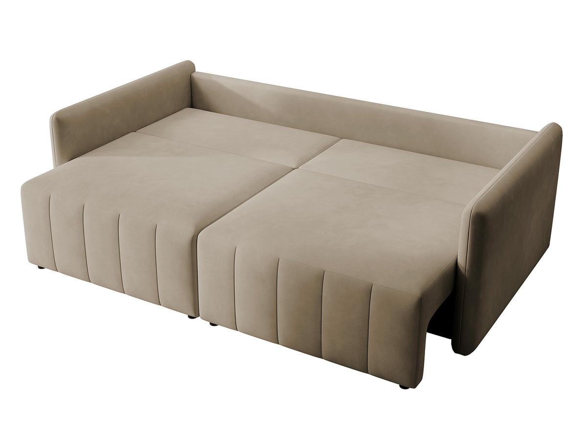 Canapé d'angle convertible Pierra avec coffre, velours beige hydrofuge