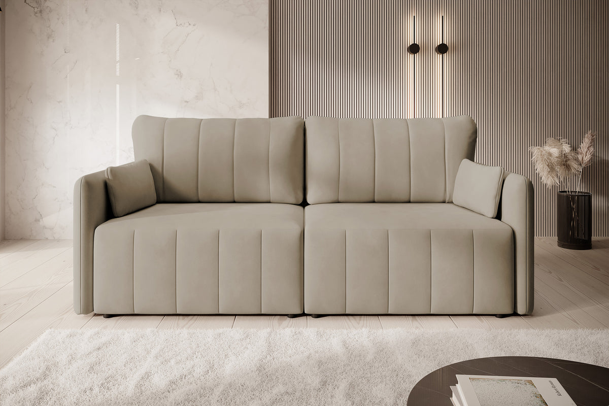 Canapé d'angle convertible Pierra avec coffre, velours beige hydrofuge