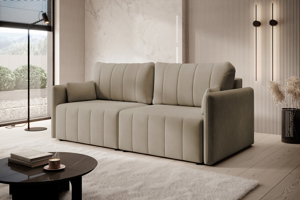 Canapé d'angle convertible Pierra avec coffre, velours beige hydrofuge