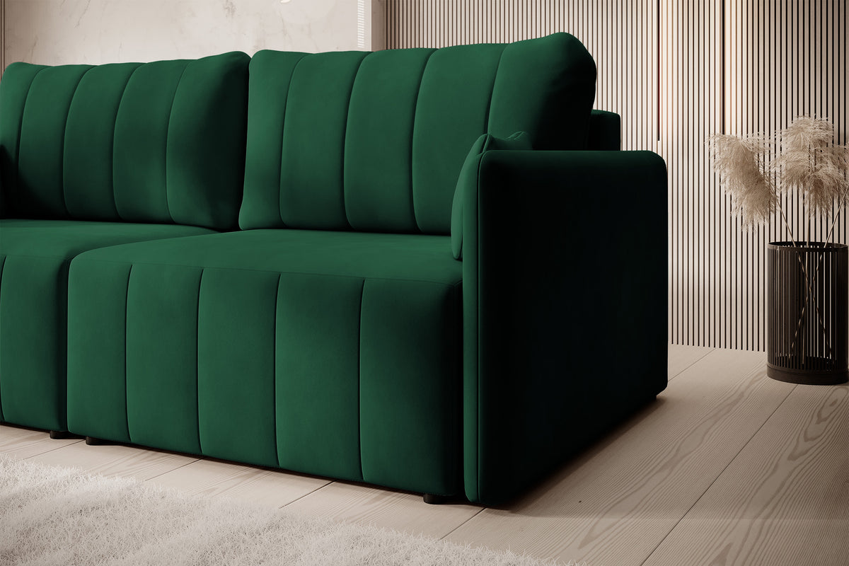 Canapé d'angle convertible Pierra avec coffre, velours hydrofuge vert foncé
