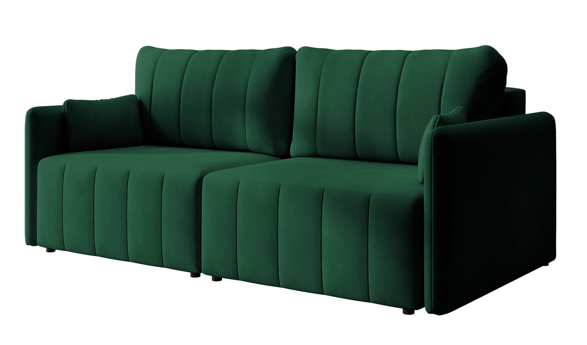 Canapé d'angle convertible Pierra avec coffre, velours hydrofuge vert foncé