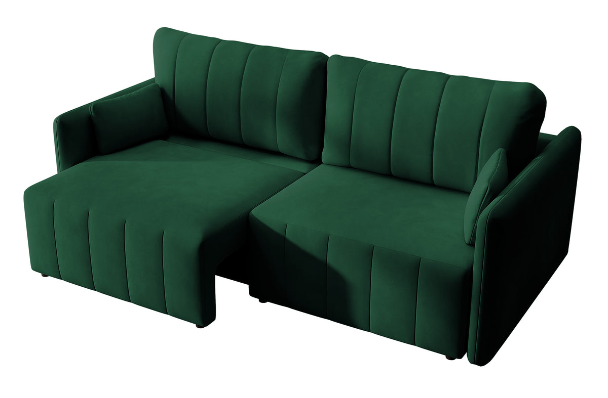 Canapé d'angle convertible Pierra avec coffre, velours hydrofuge vert foncé
