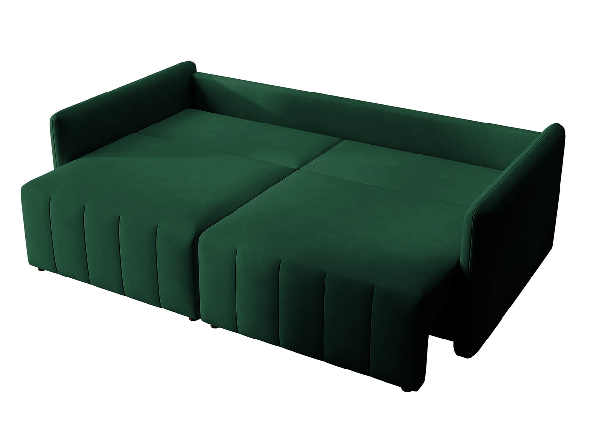 Canapé d'angle convertible Pierra avec coffre, velours hydrofuge vert foncé