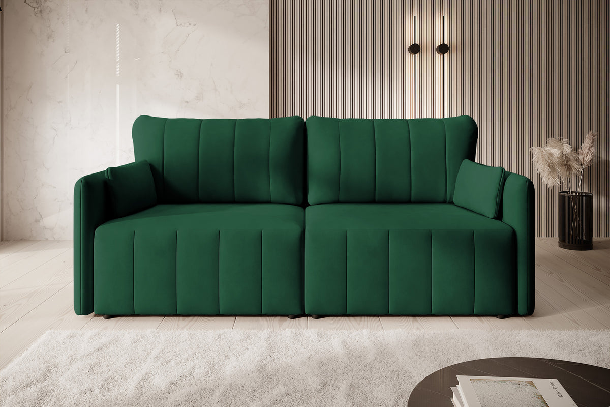 Canapé d'angle convertible Pierra avec coffre, velours hydrofuge vert foncé
