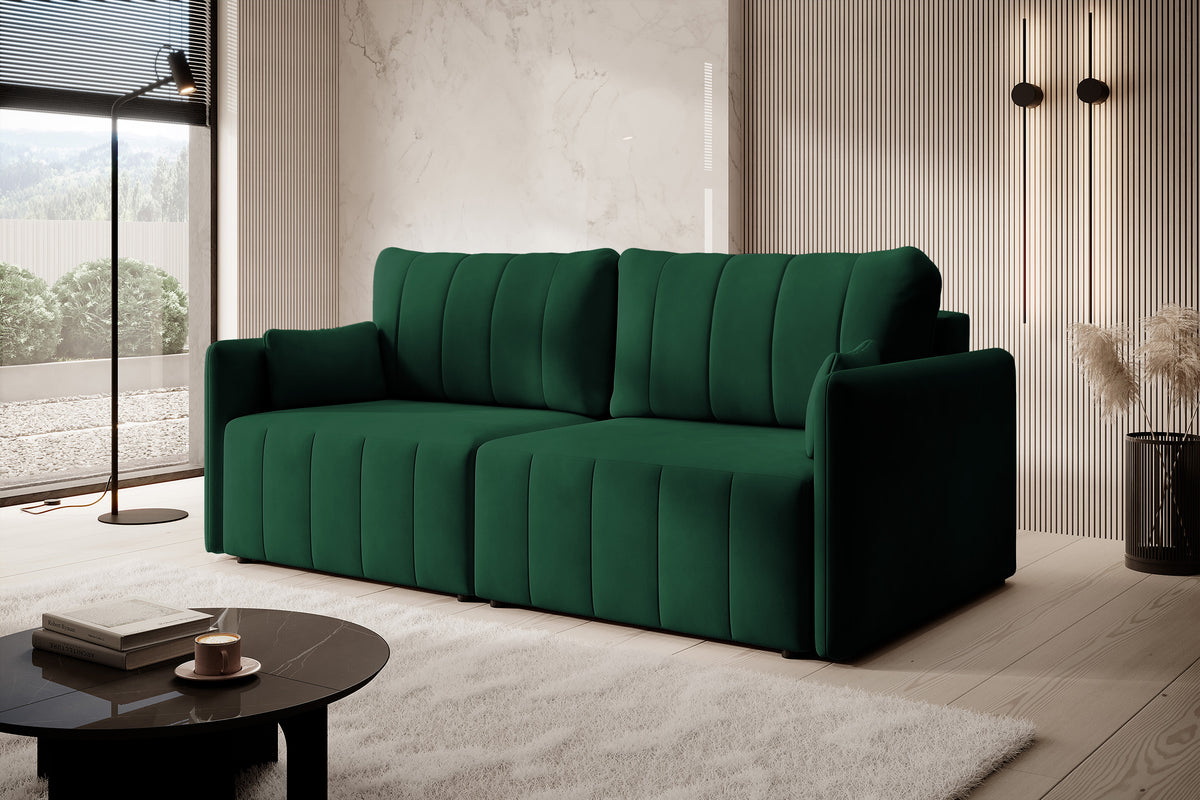 Canapé d'angle convertible Pierra avec coffre, velours hydrofuge vert foncé