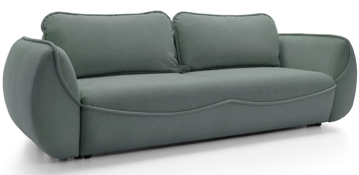 Drei-Sitzer-Schlafsofa Cutie mit Stauraum, Salbeigrüner Velours, pflegeleicht