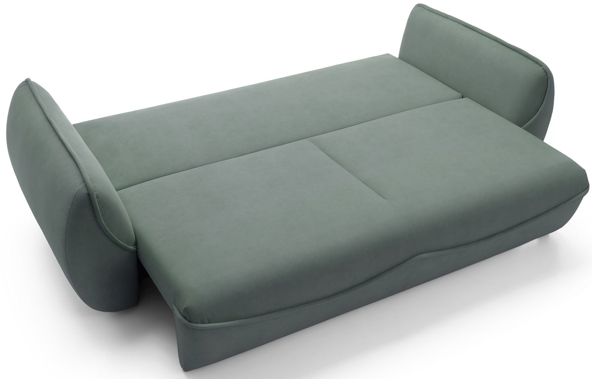 Drei-Sitzer-Schlafsofa Cutie mit Stauraum, Salbeigrüner Velours, pflegeleicht