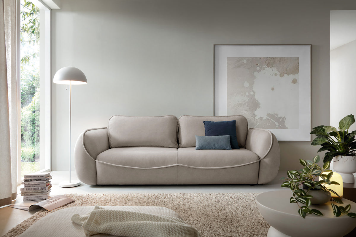 Canapé convertible 3 places Cutie avec coffre beige en velours facile à nettoyer