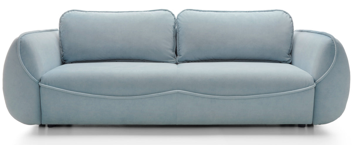 Canapé convertible 3 places Cutie avec coffre, velours bleu facile à nettoyer